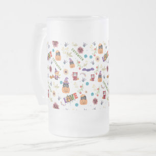 Fun Purple Hat Catoween, Cute Orange Pumpkin Frosted Glass Beer Mug