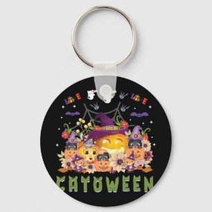 Fun Purple Hat Catoween, Cute Orange Pumpkin Key Ring
