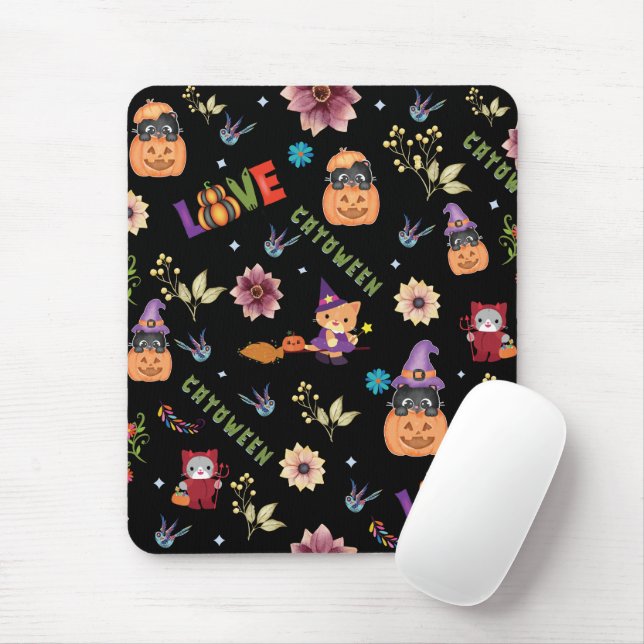 Fun Purple Hat Catoween, Cute Orange Pumpkin Mouse Mat (With Mouse)