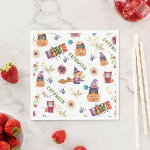 Fun Purple Hat Catoween, Cute Orange Pumpkin Napkin