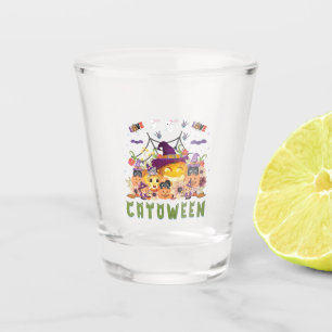Fun Purple Hat Catoween, Cute Orange Pumpkin Shot Glass