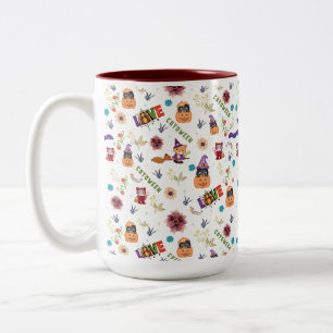 Fun Purple Hat Catoween, Cute Orange Pumpkin Two-Tone Coffee Mug