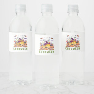 Fun Purple Hat Catoween, Cute Orange Pumpkin Water Bottle Label