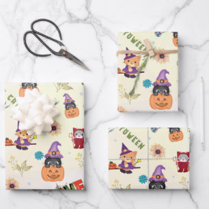 Fun Purple Hat Catoween, Cute Orange Pumpkin Wrapp Wrapping Paper Sheet
