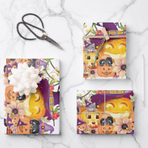Fun Purple Hat Catoween, Cute Orange Pumpkin Wrapping Paper Sheet