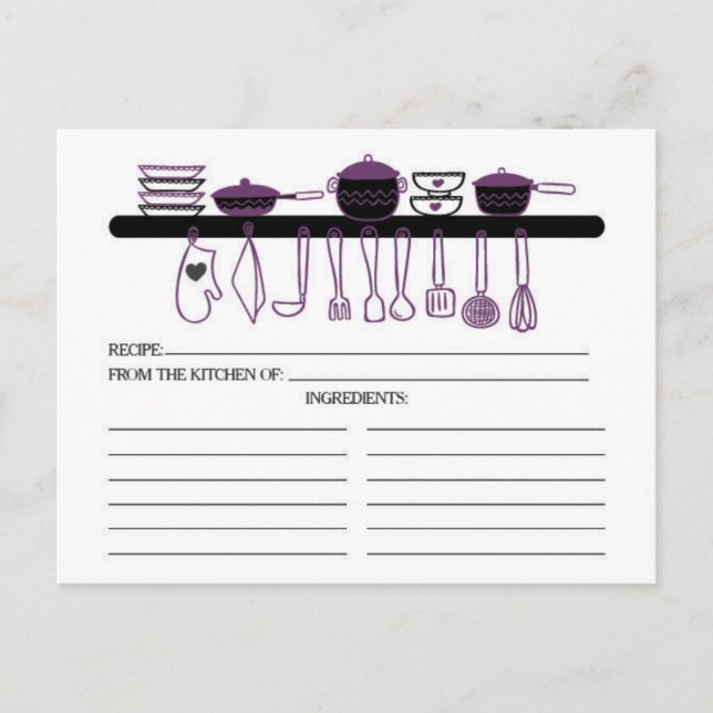 Fun Purple Kitchen Gadgets Bridal  Recipe Cards (Front)