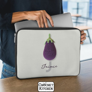 Fun Purple Modern Minimal Crochet Eggplant Name Laptop Sleeve