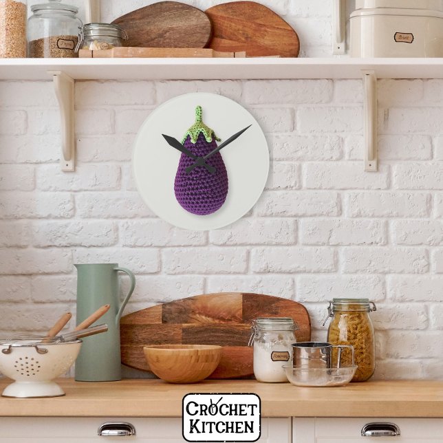 Fun Purple Modern Minimal Crochet Eggplant   Round Clock (Creator Uploaded)