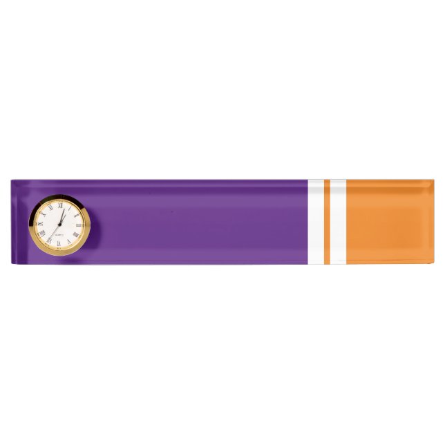 Fun Purple Orange Twin White Racing Stripes Clock Nameplate (Front)