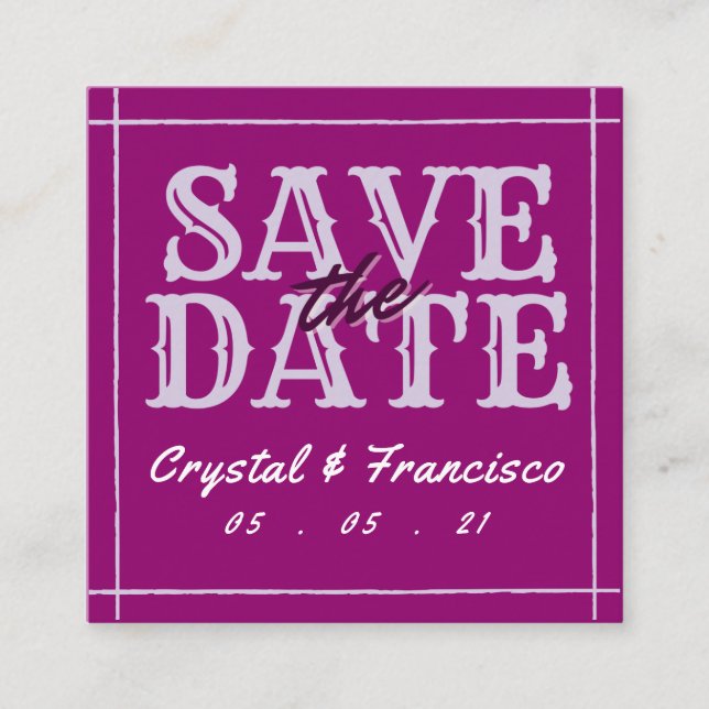 Fun Purple Save The Date Square Business Card (Front)