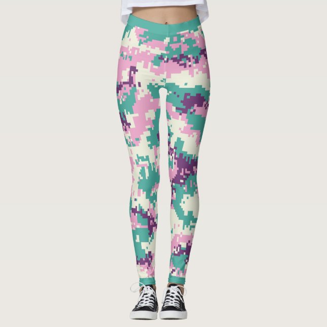 Fun, purple, turquoise, pink camouflage pattern, leggings (Front)