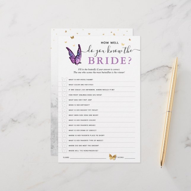 Fun Purple Watercolor Butterfly Bridal Shower Game (Front/Back In Situ)