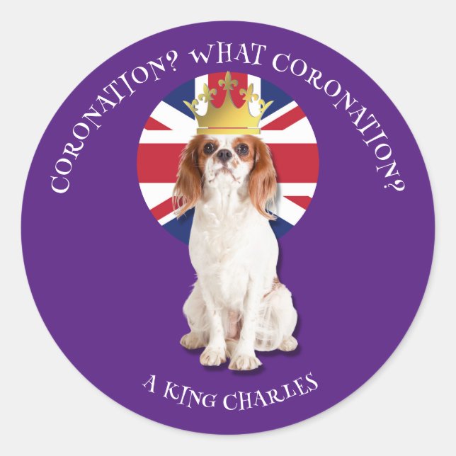Fun Purple WHAT CORONATION King Charles Spaniel Classic Round Sticker (Front)