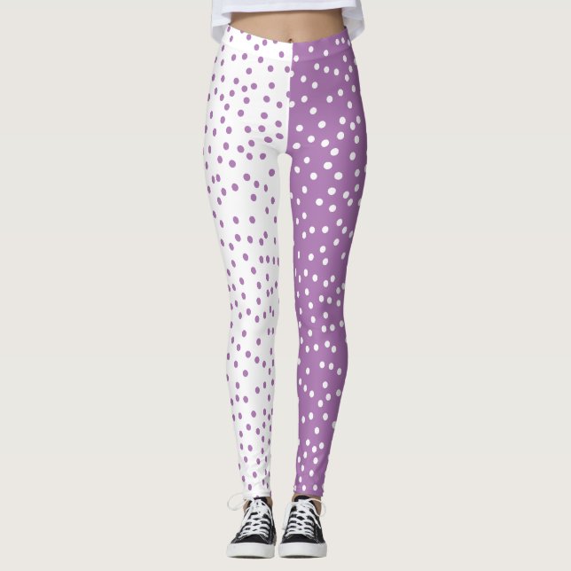 Fun Purple & White Polka Dots Colour Block Leggings (Front)