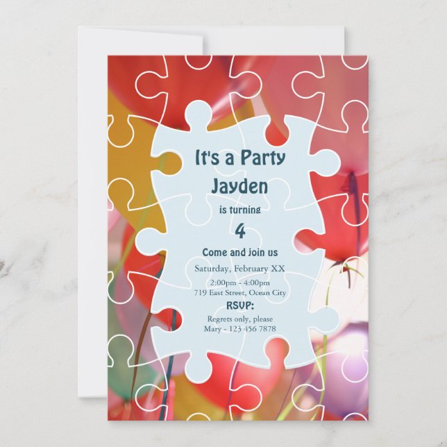 Fun Puzzle Balloon Themed Birthday Invitation (Front)