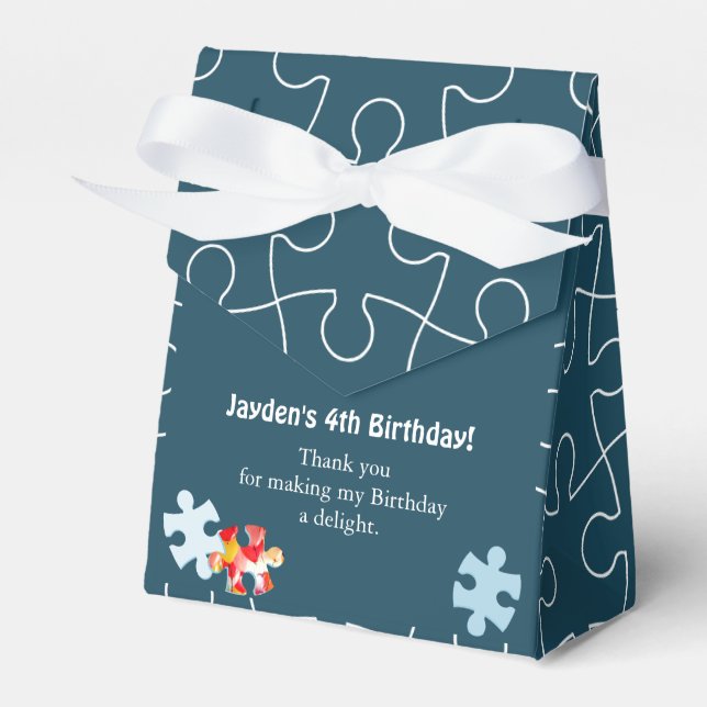 Fun Puzzle Theme 4th Birthday Party Blue Thank You Favour Box (Front Side)