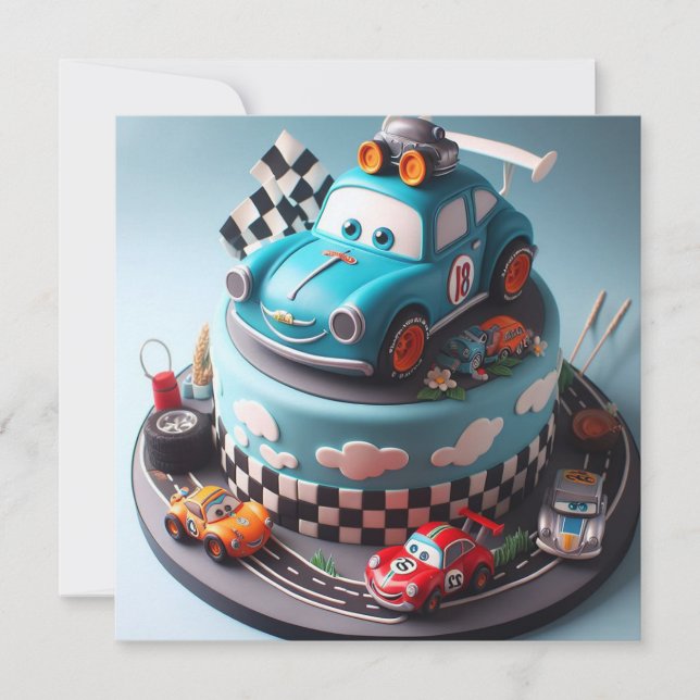 FUN RACE CAR THEMED BIRTHDAY CAKE  INVITATION (Front)