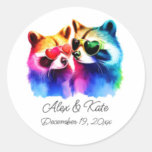 Fun Racoon Couple Romantic Wedding Classic Round Sticker