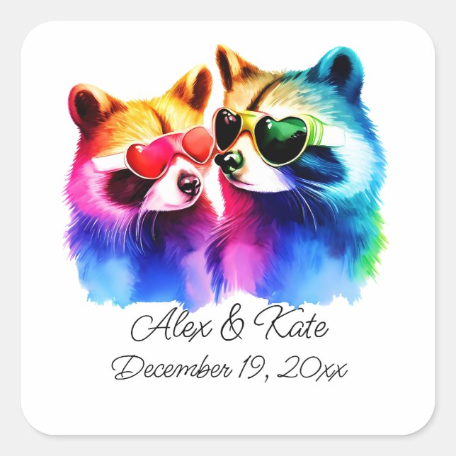 Fun Racoon Couple | Romantic Wedding  Square Sticker (Front)