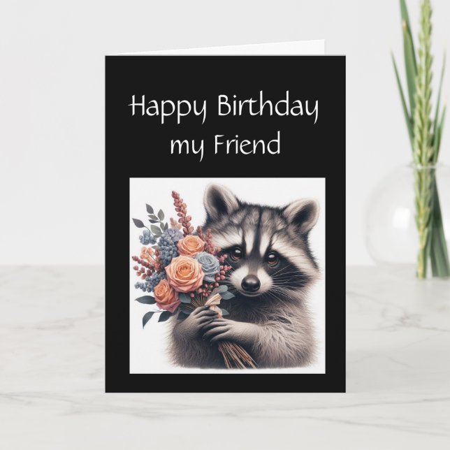 Fun Racoon Friend Birthday Flowers Card (Front)