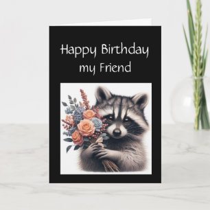 Fun Racoon Friend Birthday Flowers Card