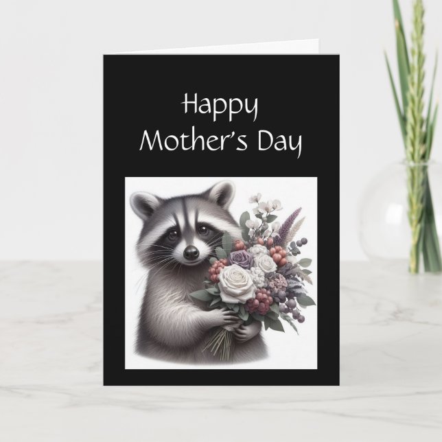 Fun Racoon Mother's Day Racoon Flowers Card (Front)