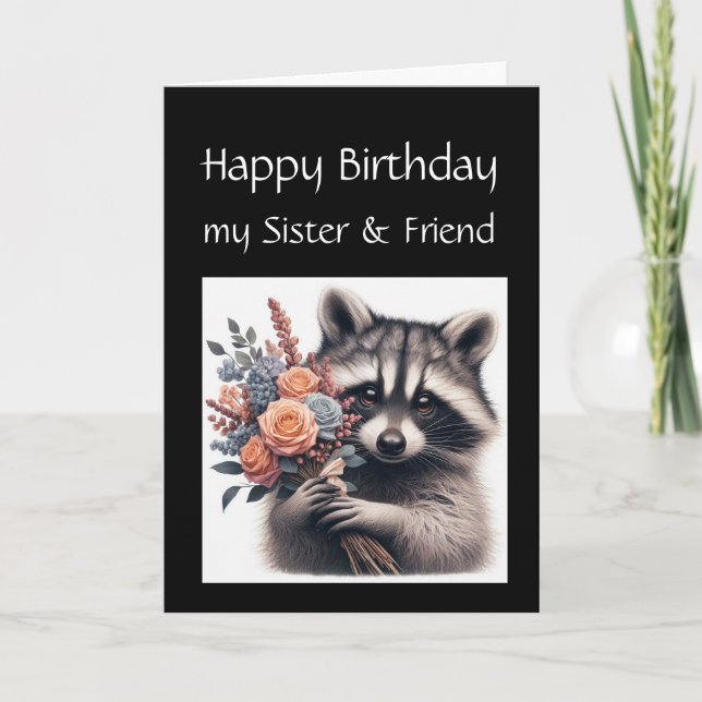 Fun Racoon Sister Love Birthday Flowers Card (Front)