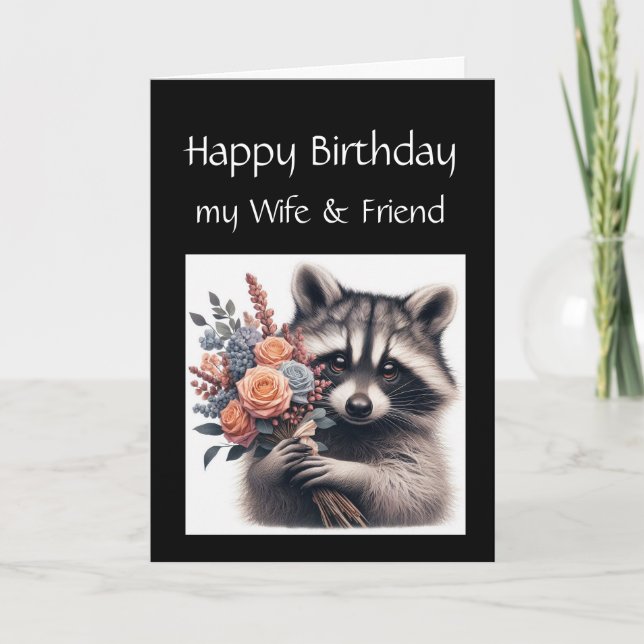 Fun Racoon Wife Love Birthday Flowers Card (Front)
