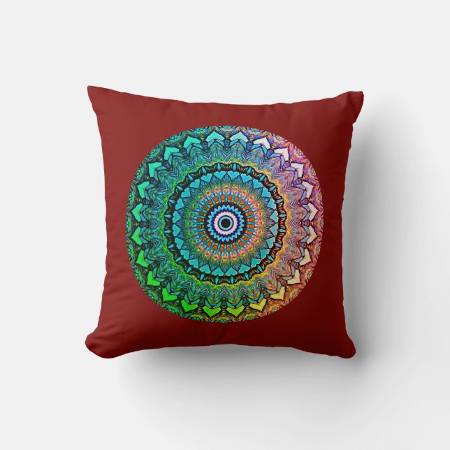 Fun Rainbow and Hearts Mandala on Dark Red Cushion (Front)