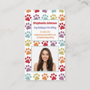 Fun Rainbow Coloured Paw Prints Dog Walker Photo Business Card