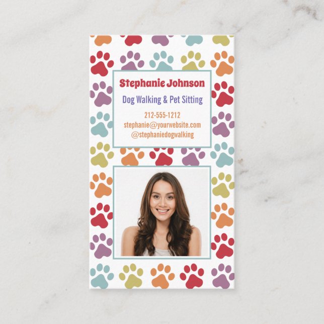 Fun Rainbow Coloured Paw Prints Dog Walker Photo Business Card (Front)