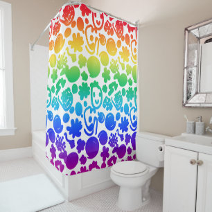 Fun Rainbow coloured spirals faces white backgroun Shower Curtain
