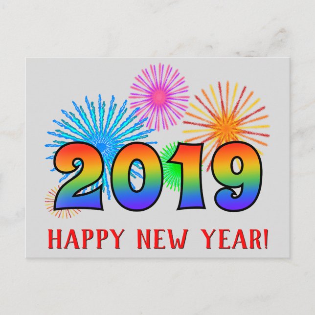 Fun, Rainbow Colours 2019 + "HAPPY NEW YEAR!" Postcard (Front)