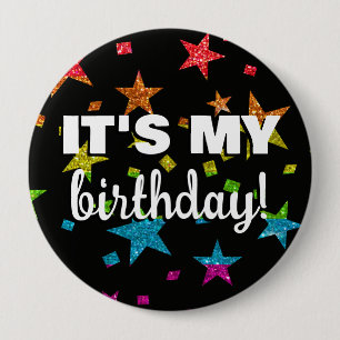 Fun Rainbow Glitter Star Confetti It's My Birthday 10 Cm Round Badge