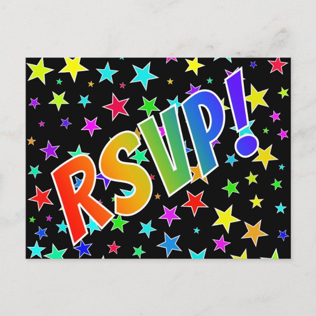 Fun Rainbow Letters "RSVP!" + Stars Pattern Postcard (Front)