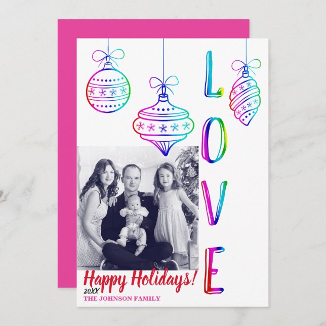 Fun Rainbow LOVE Holiday Ornaments Christmas Photo Invitation (Front/Back)