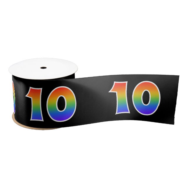 Fun, Rainbow Pattern "10" Event Number (Black) Satin Ribbon (Spool)
