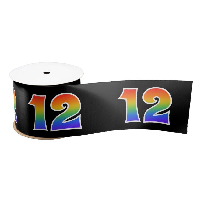 Fun, Rainbow Pattern "12" Event Number (Black) Satin Ribbon (Spool)