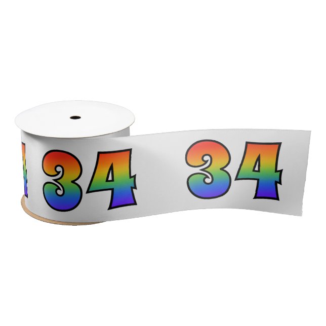 Fun, Rainbow Pattern "34" Event Number (Grey) Satin Ribbon (Spool)