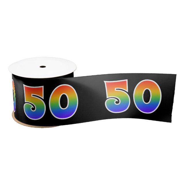 Fun, Rainbow Pattern "50" Event Number (Black) Satin Ribbon (Spool)