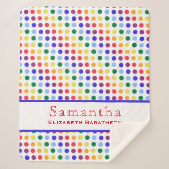 Fun Rainbow Polka Dot Pattern Personalised Name Sherpa Blanket (Front)