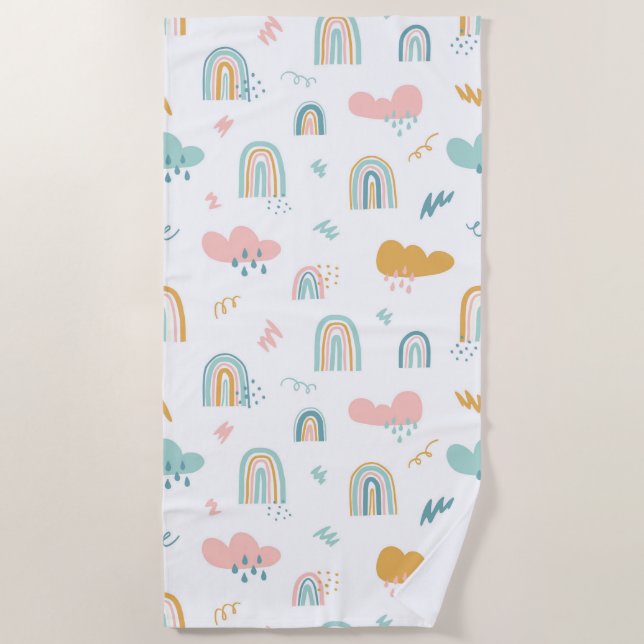 Fun Rainbow & Rain Cloud Pattern Beach Towel (Front)
