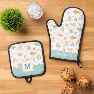 Fun Rainbow & Rain Cloud Pattern Oven Mitt & Pot Holder Set