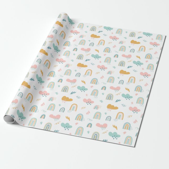 Fun Rainbow & Rain Cloud Pattern Wrapping Paper (Unrolled)