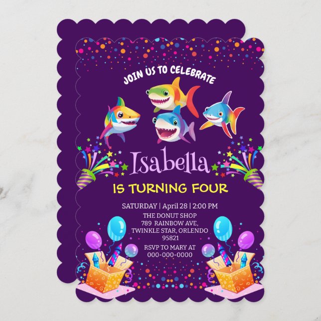 Fun rainbow shark  balloon birthday party boy invitation (Front/Back)