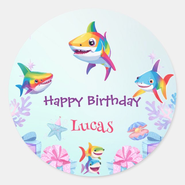 Fun rainbow shark birthday balloon party Family  Classic Round Sticker (Front)