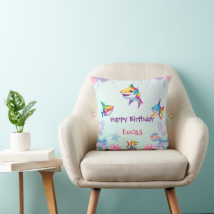 Fun rainbow shark birthday balloon party Family Cushion