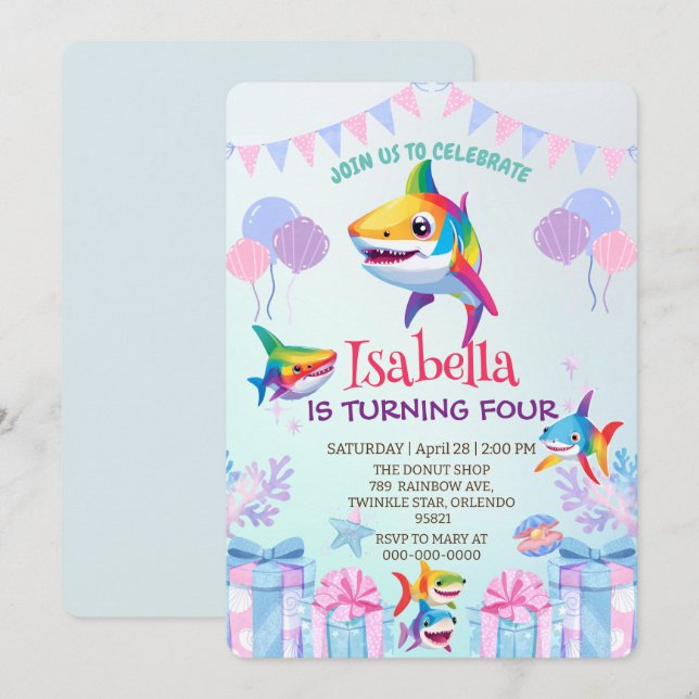 Fun rainbow shark birthday balloon party Family  Invitation (Front/Back)