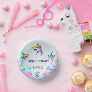 Fun rainbow shark birthday balloon party Family  Paper Plate