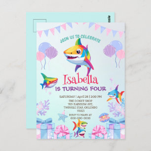 Fun rainbow shark birthday balloon party Family  Postcard